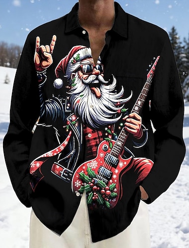  Jul Herre julenissen Gitaristspiller morsom jul Skjorte Skjorte med knapper Langermet Morsom Ferie Vår Høst Aftæpning 3D-utskrift krage skjorter Front One Lomme Blå Svart Rød Oransje Grønn