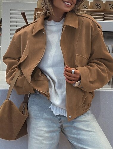  Damen Wintermantel Freizeitjacke Wildlederweste Warm Bequem Reißverschluss Mode Lässig Einfach Urlaub Lässig Alltagskleidung Ausgehen Regulär Umlegekragen Normale Passform Langarm Oberbekleidung Khaki