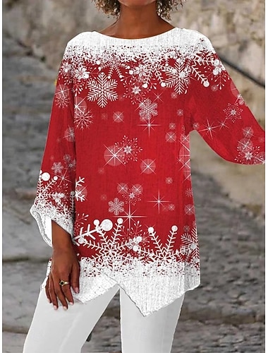  Natal Mulheres Blusa Gráfico Floco de Neve Vintage Tropical à moda Manga Longa Manga 3/4 Gola Redonda Decote Canoa Tops regulares Diário Feriado Botões Imprimir Barra Assimétrica Branco e Vermelho