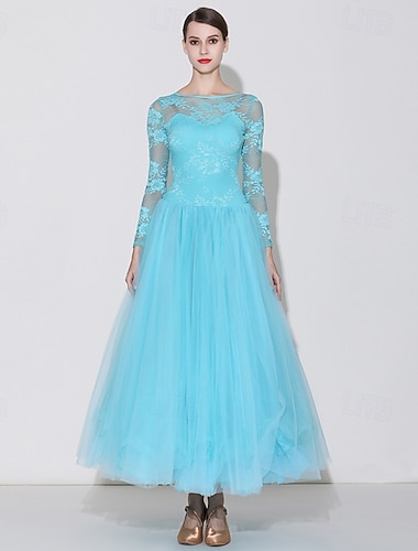  Elegant turkis ballroom-danskjole for kvinner med blonder, lange ermer, båthals, vals, tango, moderne rumba, øvingskjole