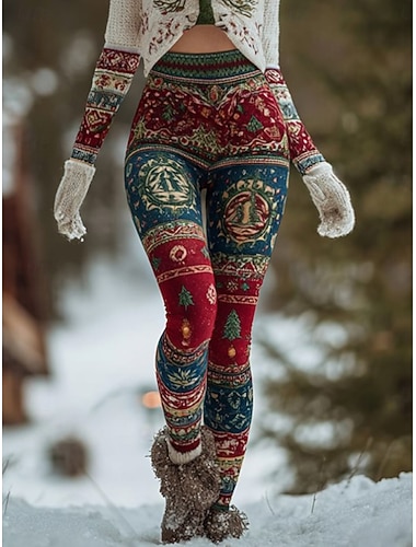  בגדי ריקוד נשים חותלות חופשה וינטאג' אופנתי באורך מלא מותניים גבוהיםPantsחג המולד גראפי פתית שלג חג מולד מדפיס שמור על חום הגוף רך נושם סטרצ'י (נמתח) בָּחוּץ חופשה יומי אודם בורגנדי כחול בהיר