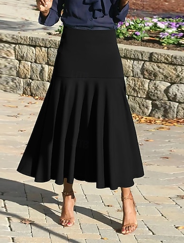  Damen Mode Midi Mittlere Taille Röcke Einfach Gerafft Mikroelastisch Täglich Date Schwarz Sommer Polyester