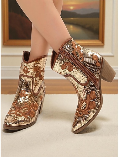  Damskie botki w stylu western ze złotymi cekinami i haftem kwiatowym – wygodne, blokowe obcasy na wieczorne przyjęcia, festiwale i na co dzień