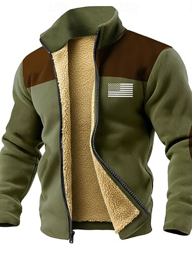  男性用 アメリカの米国旗 フリース スウェットシャツ ファッション 日常 シンプル カジュアル スタンド ファスナー アウトドア バケーション 贈り物 お出かけ カーキ色 アーミーグリーン グレー ポケット フロントジーパー 秋 冬 デザイナー S M L XL XXL 3XL