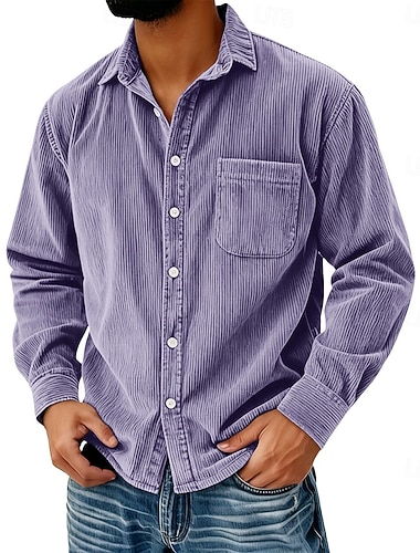  Herren Hemd Freizeithemd Cordhemd Blau Schwarz Purpur Grau Langarm Einfach Revers Lässig Ausgehen Tasche Bekleidung Mode Retro Vintage Lässig