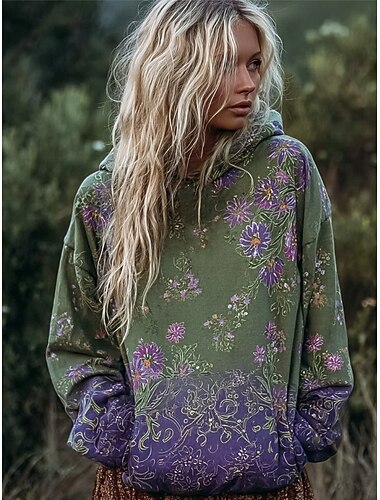  Női Pulóver Hoodie pulóver Virágos Szüret Alkalmi Hosszú ujj Kapucni Normál felsők Hétköznapi Lóhere Tavasz Ősz Tél