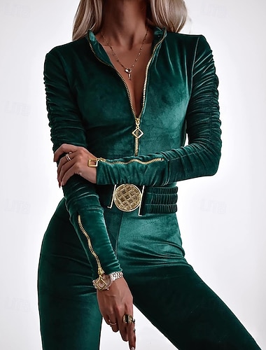  Γυναικεία Φόρμες Κομψό στυλ street Συμπαγές Χρώμα Μακρυμάνικο Λαιμόκοψη V Κολλημένος Διακοπές Πάρτι Λεπτό Θαλασσί Μαύρο Πράσινο του τριφυλλιού Άνοιξη