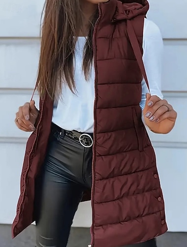  Γυναικεία Πουπουλένιο Veste Άνετο Φερμουάρ Τσέπη Καθημερινό Σκέτο Διακοπές Δρόμος Καθημερινά Ρούχα Εξόδου Μακρύ Με Κουκούλα Κανονικό Αμάνικο Εξωτερικά ενδύματα Μαύρο Κρασί Ρουμπίνι Φθινόπωρο Χειμώνας