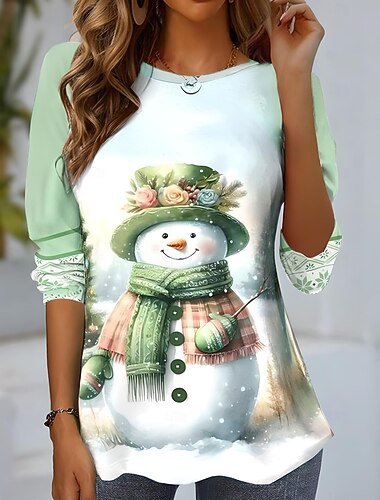  Jul Dame T skjorte Trykt mønster Grafisk Snømann Årgang Mote Stilfull Langermet Crew-hals Rund hals Vanlige topper Daglig Helg Blå Lysegrønn Rosa Rød Oransje Høst Vinter