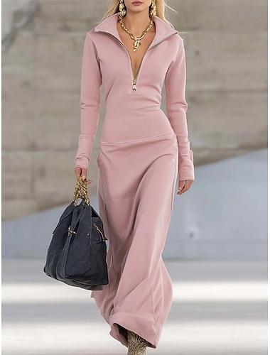  Γυναικεία Μακρύ φόρεμα Αθλητικό Φόρεμα Καθημερινό Μπόχο Γενέθλια Καθημερινά Αθλητικά Σκέτο Μακρυμάνικο Όρθιος Γιακάς Θαλασσί Μαύρο Ανθισμένο Ροζ Μπεζ Άνοιξη Φθινόπωρο Χειμώνας