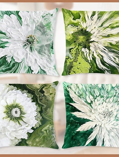  Capas de almofada curtas de pelúcia com estampa digital abstrata de flores em tons de verde, perfeitas para decoração de sofá, quarto, escritório, carro e casa.
