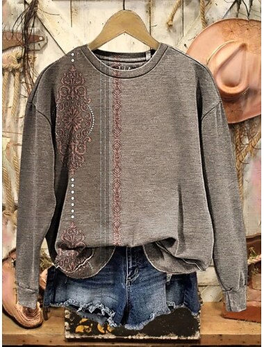  Γυναικεία Φούτερ πουλόβερ Γραφική Λαχούρι Ζεστό Βίντατζ δυτικός Μακρυμάνικο Στρογγυλή Ψηλή Λαιμόκοψη Κανονικά μπλουζάκια Δρόμος Καθημερινή Ένδυση Causal Στάμπα Καφέ Άνοιξη Φθινόπωρο Χειμώνας