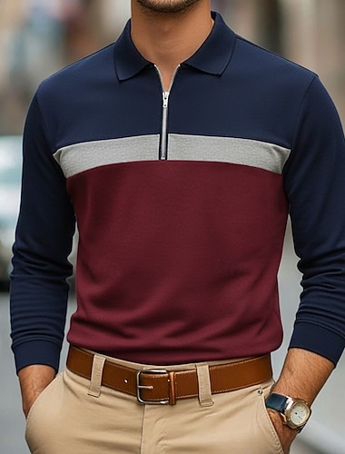  Miesten Poolopaidat Quarter Zip Polo Loma Katu Neljänneksen postinumero Pitkähihainen Muoti Perus Väripalikka Tasku Talvi 봄 & Syksy Syystalvi Normaali Viini Valkoinen Laivaston sininen Tumman harmaa