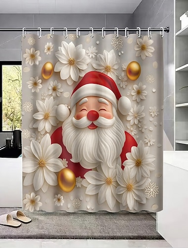  1 szt. 180x180cm kwiatek w kształcie płatka śniegu &Zasłona prysznicowa z motywem Świętego Mikołaja – artystyczna, akwarelowa, szybkoschnąca poliestrowa zasłona łazienkowa z haczykami do dekoracji