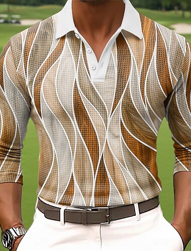  Herr Geometrisk Linje Våffelpikétröjor Långärmad Polotröjor Skjortor med krage Business Casual Företag Klä till Jobbet Dagliga kläder Knappar Vår Höst Vinter Blå Brun Grön