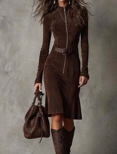  Damen Minikleid Vintage-Kleid Etui-Kleid Vintage Outdoor Urlaub Ferien Normale Passform Einfach Langarm Hemdkragen Braun Frühling Herbst