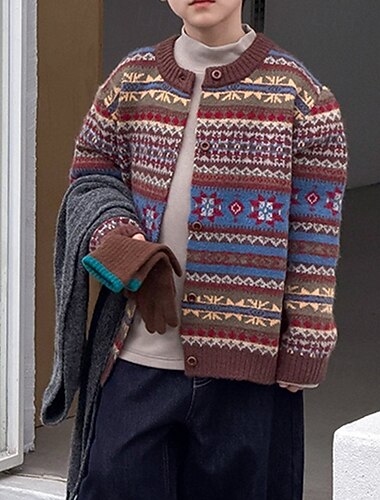  Dzieci Dla chłopców Sweter Graficzny Długi rękaw Guziki Na zewnątrz Moda Brązowy Jesień Odzież 4-12 lat