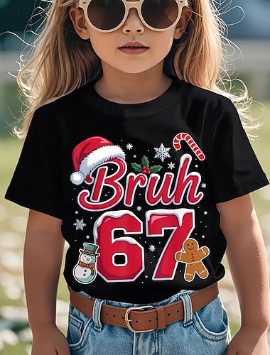  Βαμβάκι Χριστούγεννα Παιδιά Κοριτσίστικα Μαύρο Γραφική Χριστουγεννιάτικο καπέλο Αστεία αργκό 67 Κοντομάνικη μπλούζα Κοντομάνικο Στρογγυλή Ψηλή Λαιμόκοψη Κοντομάνικο