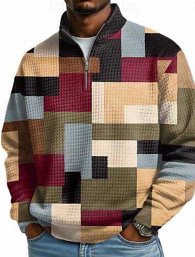  Herren Geometrisch Karomuster Waffel Pullover Mode Täglich Klassisch Lässig Stehkragen Viertelreißverschluss Outdoor Heim Büro Arbeit Blau Purpur Grün Khaki Reißverschluss Herbst Winter Designer S M