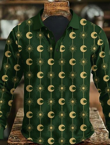  Herre Grafisk Polo Langermet Poloskjorter Knaphul Fritid utendørs treningsklær Dagligdagstøy 3D-utskrift Knapper Vår Høst Vinter Blå Lilla Brun