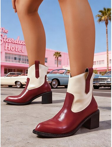  レディースのレトロなカラーブロックカウボーイブーツ - ウエスタン風デザインのチャンキーヒール。カジュアルなお出かけ、ヴィンテージルック、秋のファッションにぴったりのスタイリッシュで快適なブーツです。