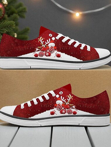  Røde damesneakers med julekatte og snefnugdetaljer – festlige snøresko i lærred til hyggelige vinterdage, feriesammenkomster og fritidstøj