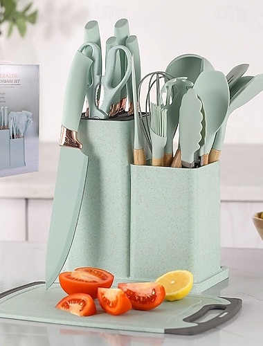  silikoninen keittiövälinesetti 19-osainen työkalusarja säilytysämpäri keittiöveitsi oljenvärinen setti