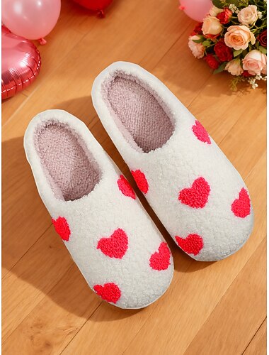  Hvide sherpa fleece hjemmesko til kvinder med lyserøde hjerter – luftige, varme slip-on indendørssko til soveværelset, Valentinsdag og afslapning