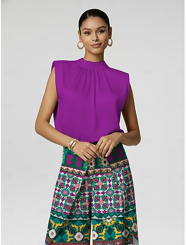  Ärmelloses Top aus Satin mit Stehkragen und breiten Schultern, lässig und für den Urlaub geeignet