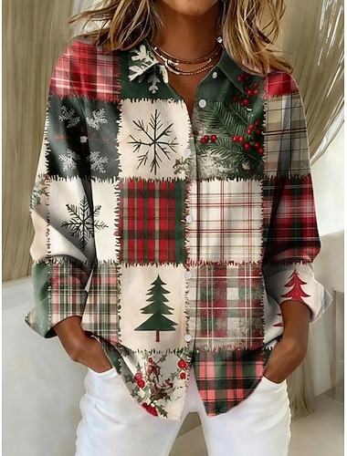  Jul Dame Bluse Grafisk Ruter Tre Årgang Tropisk Stilfull Langermet Skjortekrage Vanlige topper Arbeid Daglig Ut på byen Lapper Knapper Trykt mønster Vin Militærgrønn Rød Grønn Høst Vinter