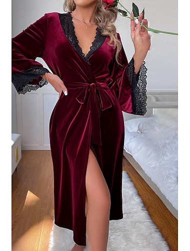  Damen Robe Lässig Komfort Einfarbig Schnürung Heim Täglich Langarm V Ausschnitt Blau Wein Grün Sommer Frühling Herbst Winter Normale Passform