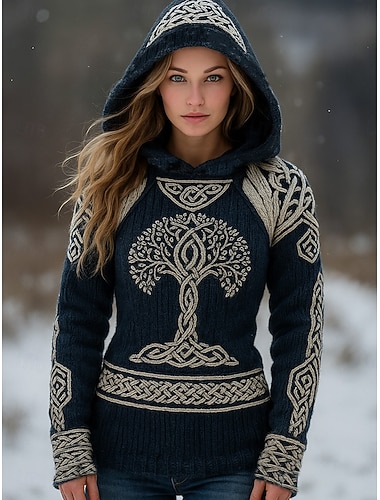 maglione da donna stile etnico vintage vichingo con cappuccio e stampa manica lunga, maglia, casual, per attività all'aperto, blu scuro, autunno inverno