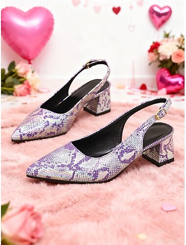  حذاء بكعب عالٍ من جلد الثعبان باللون الأرجواني للنساء - كعب عريض أنيق بمقدمة مدببة، عصري ومريح لعيد الحب، والإطلالة اليومية، وإطلالة ليلة المواعدة