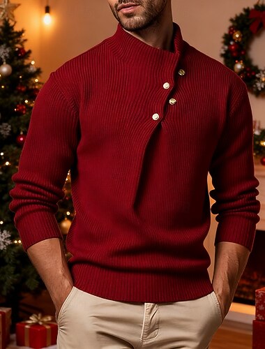  בגדי ריקוד גברים סוודר חג המולד סוודרים לחג המולד סוודר חג סוודר סוודר סוודר סרוג מצולע לִסְרוֹג חולצות רגילות כפתורים סרוג אחיד עומד אופנתי בסיסי חופשה לבוש יומיומי ביגוד סתיו חורף בורדו לבן M L XL