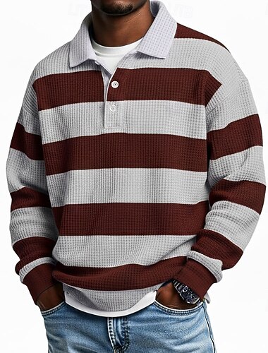  Voor heren Horizontale stroken Polo Rugbypolo Rugby Poloshirts Lange mouw Poloshirt Revers Sportkleding Casual School Sportkleding Alledaagse kleding 3D-afdrukken Lente Herfst Winter blauw Donker