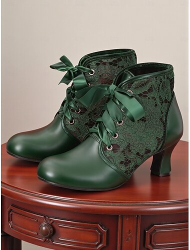  Bottes vertes à lacets pour femmes, ornées de rubans de satin et de lacets – un style vintage élégant des années 1920, parfaites pour l'automne, l'hiver, les fêtes et les occasions spéciales.