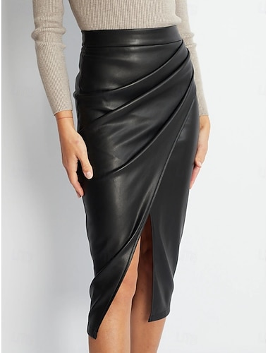  Damen Elegant Mode Midi Hohe Taille Röcke Einfach Gerafft Gespleißte Enden Unelastisch Täglich Straße Weinrot Schwarz Braun Beige Frühling Kunstleder Polyester