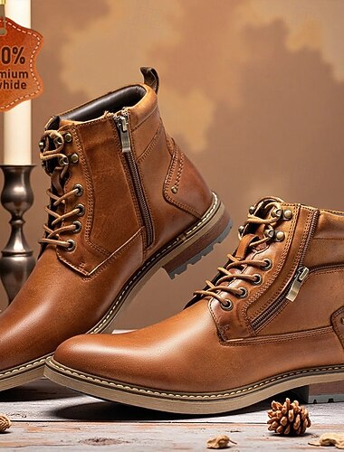  Botas de caminhada masculinas em couro marrom com zíper e sola resistente - calçado durável para aventuras ao ar livre, caminhadas e uso casual.