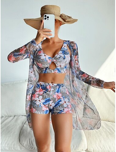  Costume da bagno da donna bikini a 3 pezzi con pantaloni corti schiena scoperta abbigliamento da spiaggia per le vacanze costumi da bagno senza maniche a collo V con foglie floreali e maniche lunghe