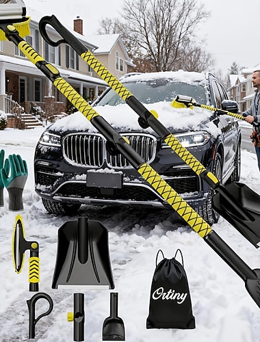  Sada 7 lopat na sníh 7 v 1 žlutá s výsuvnou lopatou na sníh do auta a otočným koštětem, silikonovým proužkem, pěnovou rukojetí, lopatou na led a nouzovou lopatou na sníh do auta, zimní sadou pro zimní