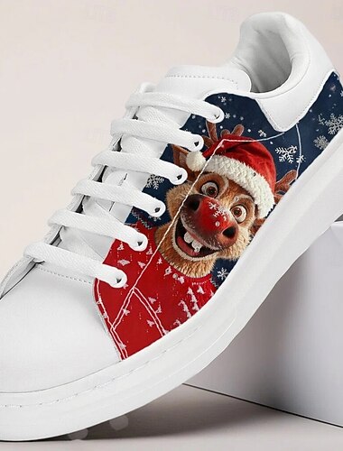  Zapatillas blancas navideñas para hombre con diseño de Papá Noel y perro: calzado moderno para ocasiones festivas y fiestas navideñas.