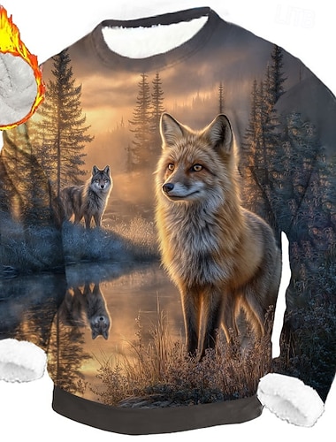  男性用 きつね オオカミ 3Dプリント フリース スウェットシャツ 日常 カジュアル ファンタジー クルーネック 家 パーティー 贈り物 ストリートウェア ブルー1 青2# ブラウン 3Dプリント 秋 冬 デザイナー S M L XL XXL XXXL
