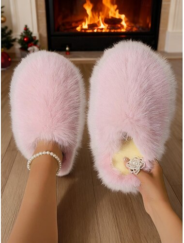  Γυναικείες λευκές, ζεστές γούνινες παντόφλες – άνετες παντόφλες εσωτερικού χώρου για τον χειμώνα, δώρα διακοπών και χαλάρωση στο σπίτι