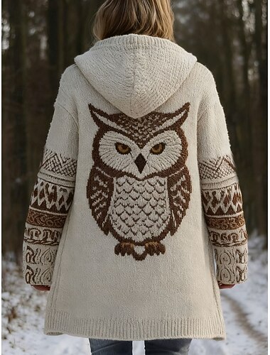  Per donna Cardigan Quotidiano Casual Grafico Animale Geometrico A Coste Con Cappuccio Patchwork Tasca Bottoni Manica Lunga Top Regolari Maglia All'aperto Weekend Marrone Autunno Inverno