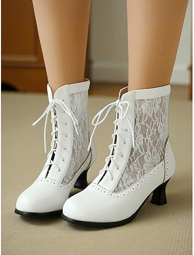  Witte Victoriaanse enkellaarsjes met kant voor dames – vintage veterschoenen met lage hak uit de jaren 20, bruilofts-, feest- en Edwardiaanse stijl