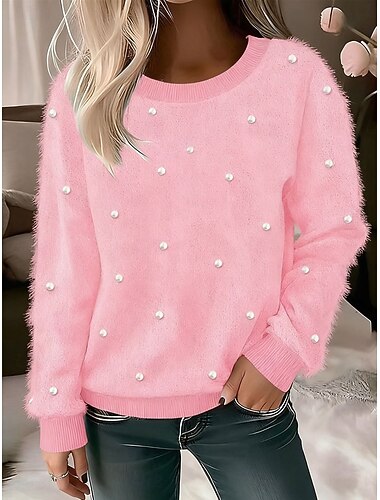  בגדי ריקוד נשים סוודר אלגנטית חופשה אופנתי מְעוּרפָּל צווארון עגול קצר חרוזים שרוול ארוך חולצות רגילות לִסְרוֹג בית מפלגה יומי ורוד מסמיק סתיו חורף