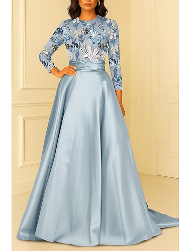  Linea ad A Lunghezza al pavimento Perline ricamate Abito Formale Abito da madre della sposa Abito da Sera Da principessa Abito formale Elegante Setoso Manica Lunga Girocollo Matrimonio Formale Tasca