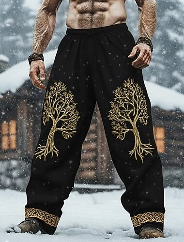  Herren Wikinger Baum des Lebens Keltische Kunst Hosen Hose Freizeithose Mittlere Taille Kordelzug Elastischer Bund Vintage-Retro Outdoor Campen und Wandern Jagd Gerade Hosen Herbst Winter 3D-Druck