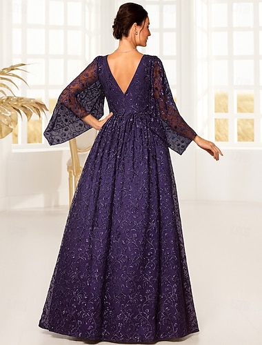  Linea ad A Lunghezza al pavimento Abito Formale Abito da sera Manica Lunga Collo quadrato Elegante Vintage Festa Poliestere Abito da cerimonia per signora con Pizzo Ricamo