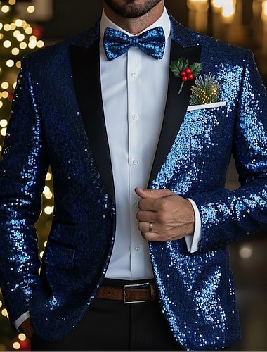  Herre Blazer jakke Lukkekrage Jul Fest Glitrende Ensfarget Blazer Blå Sølv Rød Skreddersydd Enkelt Brystet Enn-knapp